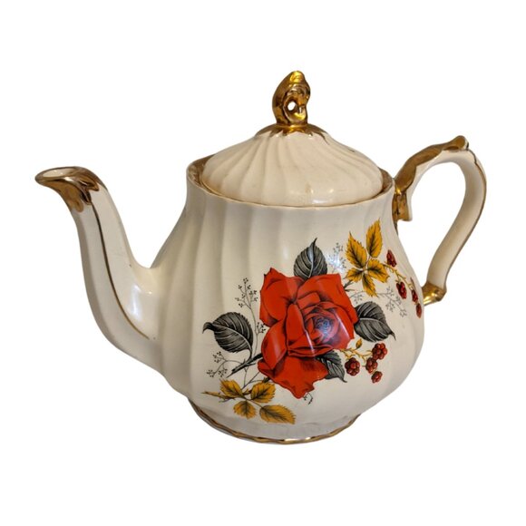 Vintage Sadler England Swirl Teapot White w Red Rose Classic Decor Kitchen - Picture 1 of 10